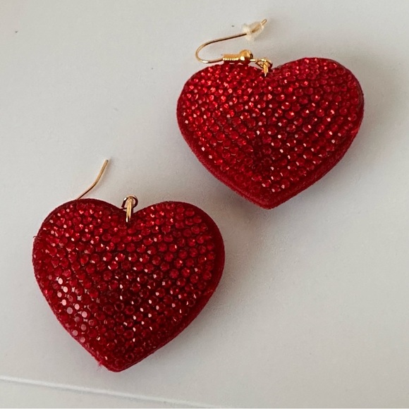 Red Rhinestone Heart Pillow Earrings | Gold Tone Statement Drop Earrings - Picture 5 of 13